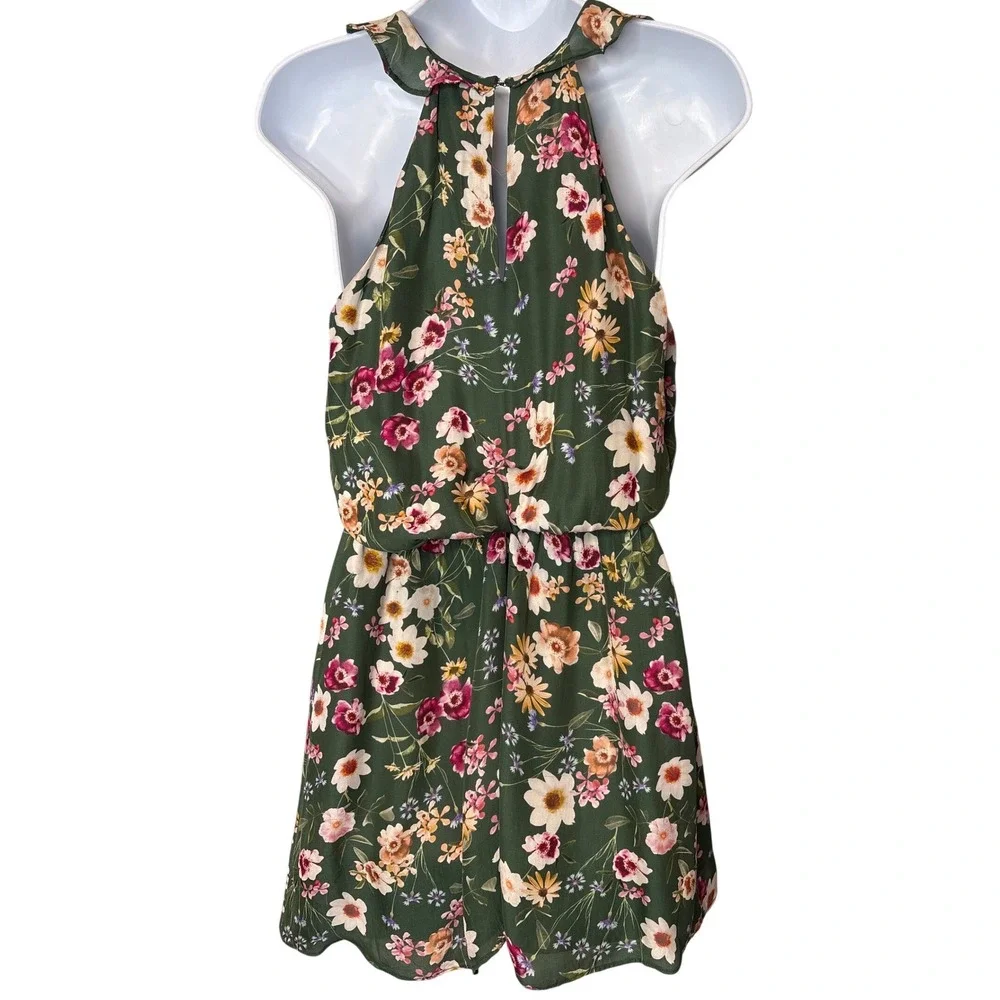 Parker Green Floral Silk Blend Smocked Ruffle Romper Sz S Garden-Party Boho-Chic